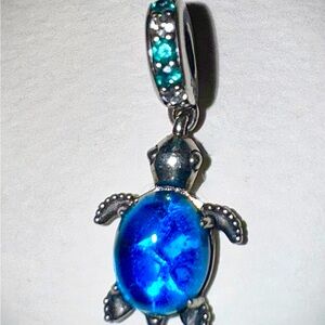 Blue Turtle Pendant Charm Necklace - Sterling Silver Finish